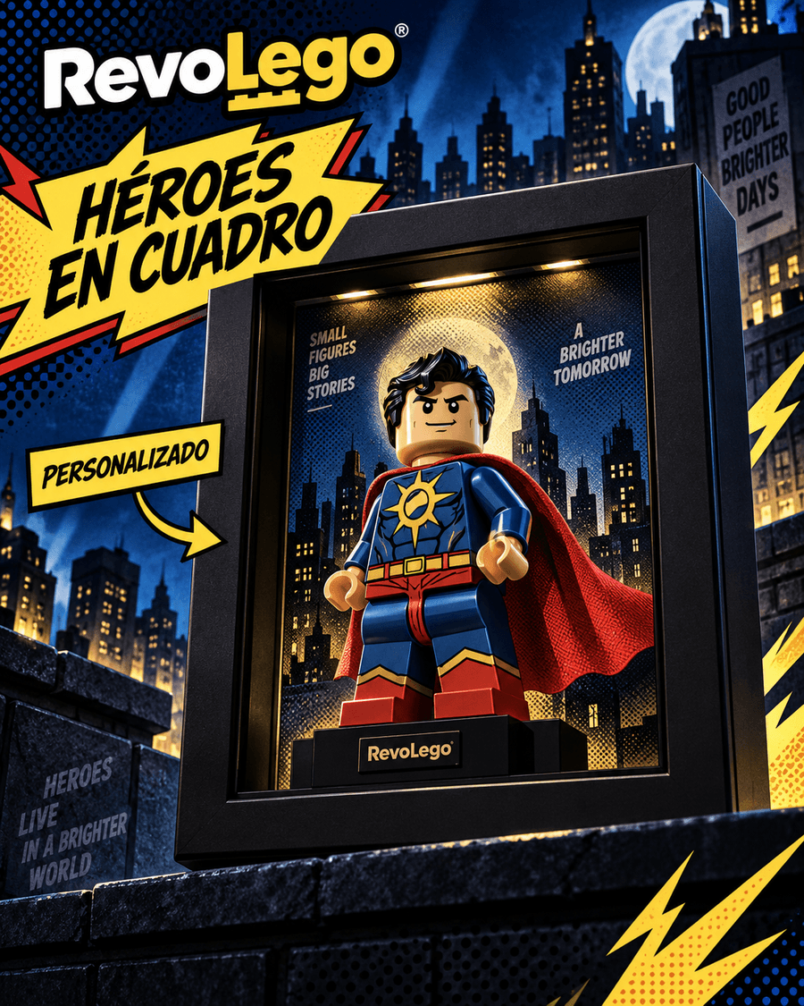Cuadro personalizado RevoLego de un superhéroe con capa roja, estilo cómic