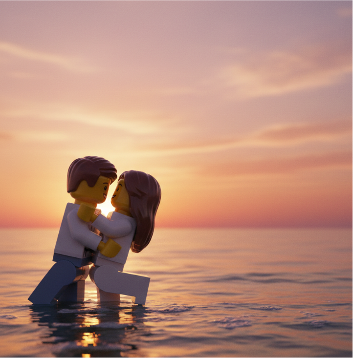 Pareja de personajes RevoLego abrazados frente al atardecer en la playa