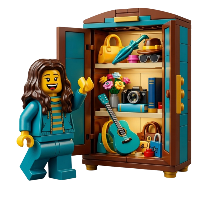 Personaje RevoLego junto a un armario lleno de accesorios